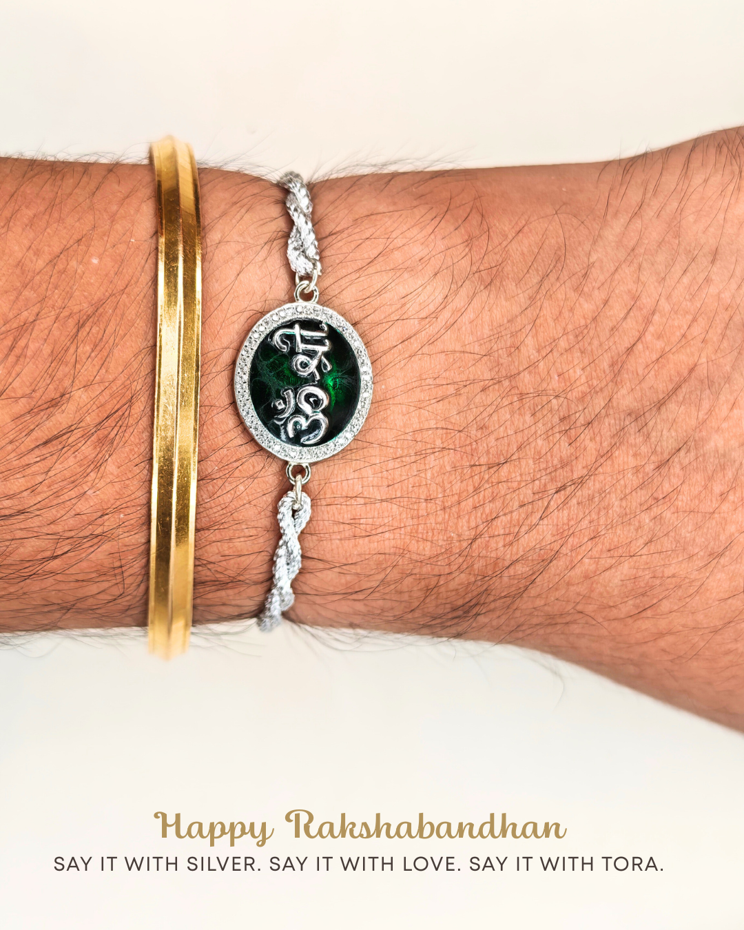 Tora Green Enamel Om Shree Rakhi